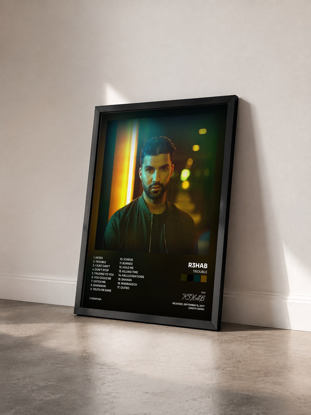 #noir Tableau de l'album Trouble de R3HAB vu de trois quarts, cadre noir