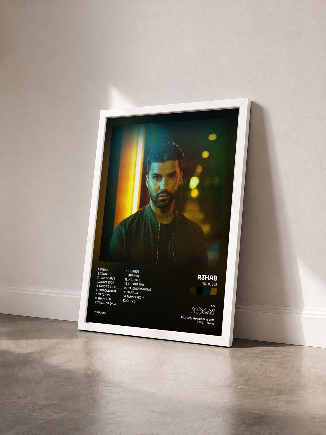 #blanc Tableau de l'album Trouble de R3HAB vu de trois quarts, cadre blanc