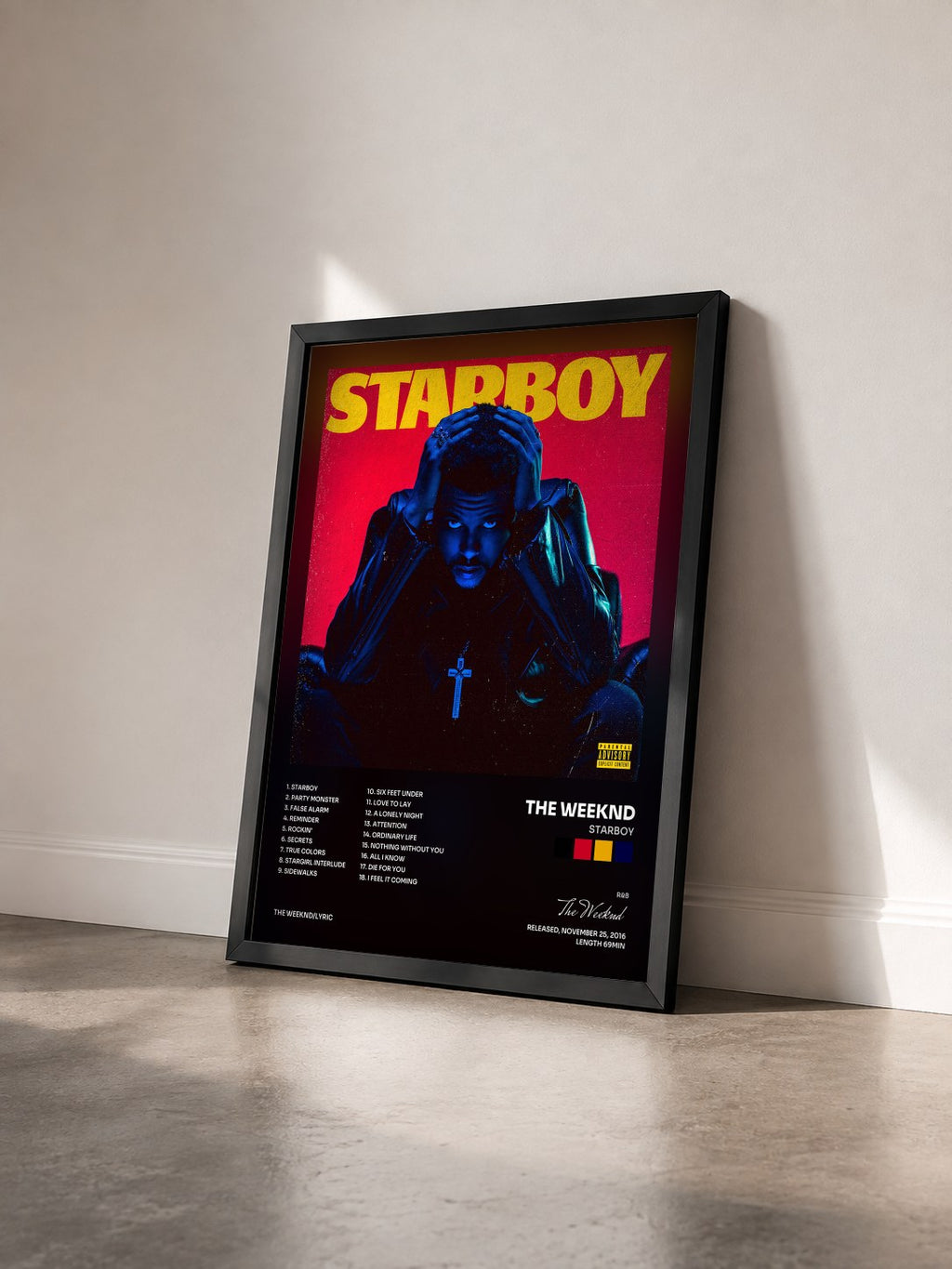 #noir Tableau de l'album Starboy de The Weeknd vu de trois quarts, cadre noir