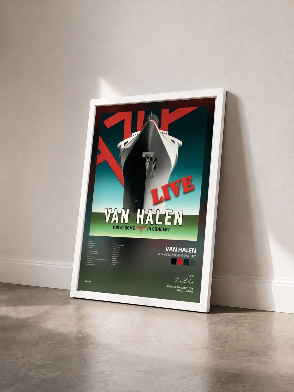 #blanc Tokyo Dome in Concert by Van Halen as a framed art print seen at an angle, white frame