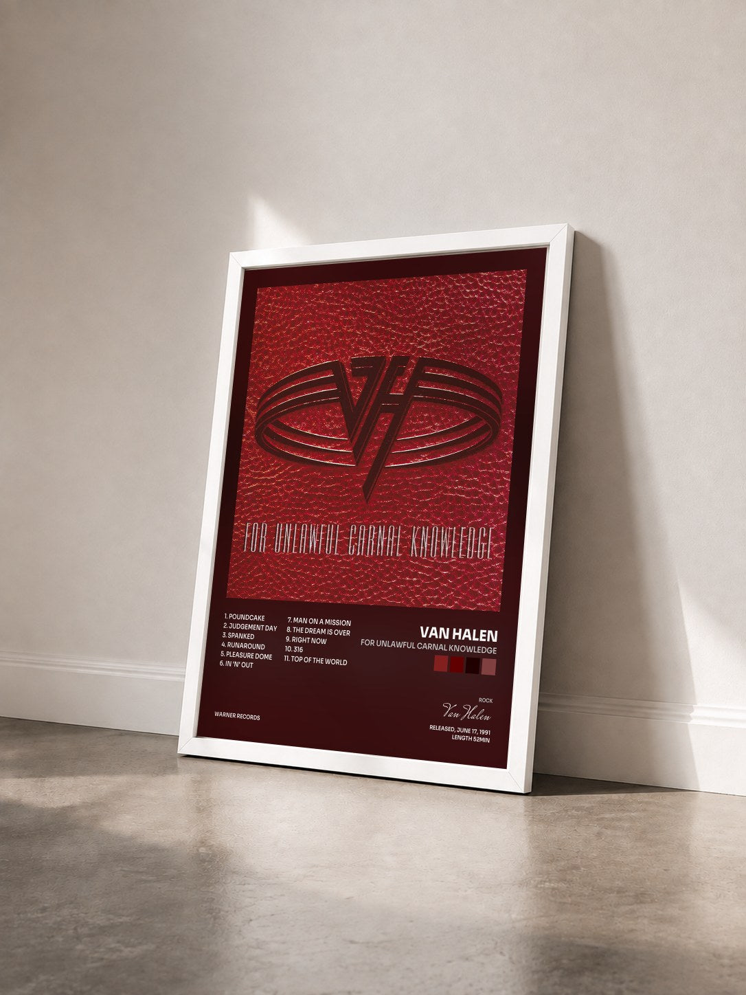 #blanc Tableau de l'album For Unlawful Carnal Knowledge de Van Halen vu de trois quarts, cadre blanc