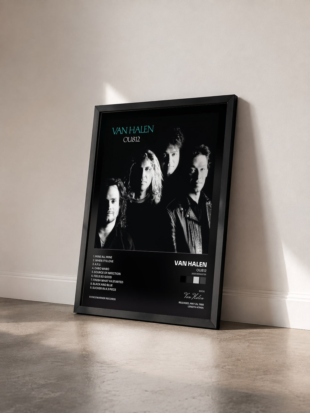 #noir OU812 (2023 Remaster) by Van Halen as a framed art print seen at an angle, black frame