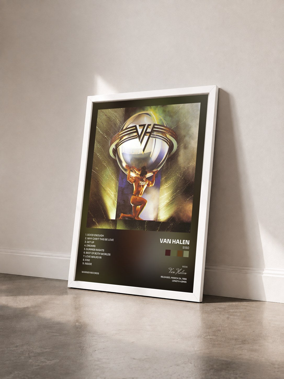 #blanc Tableau de l'album 5150 de Van Halen vu de trois quarts, cadre blanc