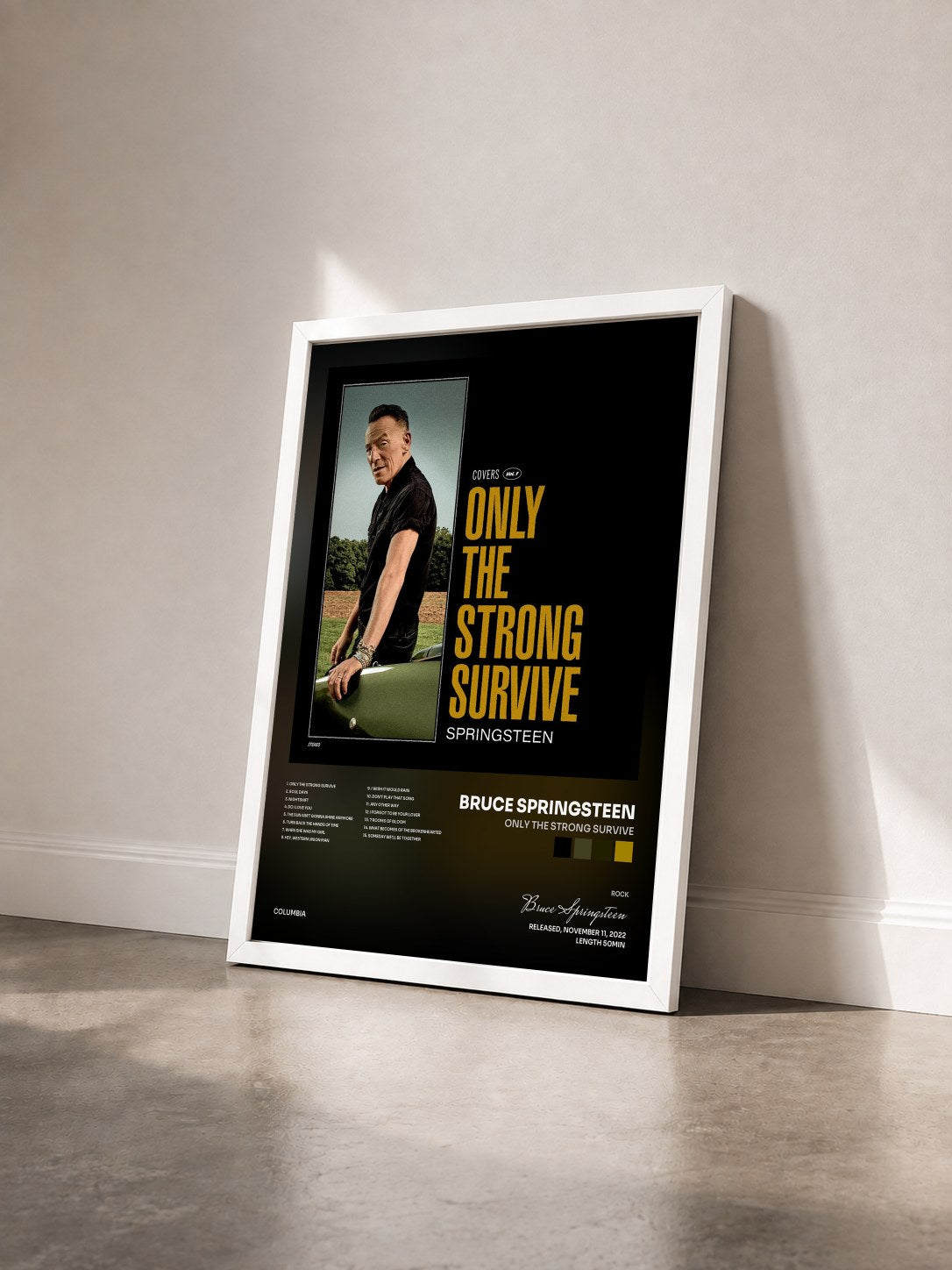 #blanc Tableau de l'album Only the Strong Survive de Bruce Springsteen vu de trois quarts, cadre blanc