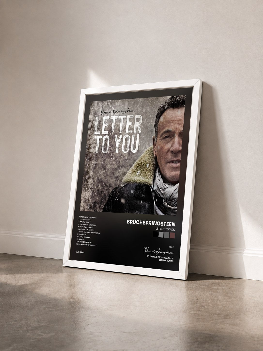 #blanc Tableau de l'album Letter To You de Bruce Springsteen vu de trois quarts, cadre blanc