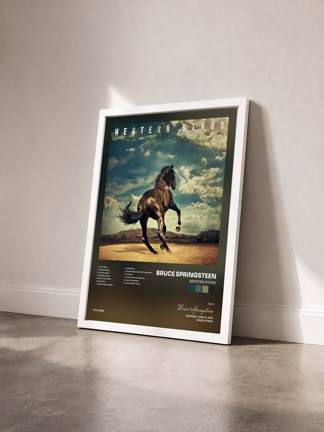 #blanc Tableau de l'album Western Stars de Bruce Springsteen vu de trois quarts, cadre blanc