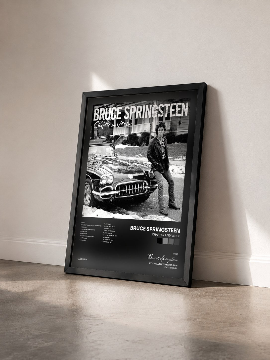 #noir Tableau de l'album Chapter and Verse de Bruce Springsteen vu de trois quarts, cadre noir