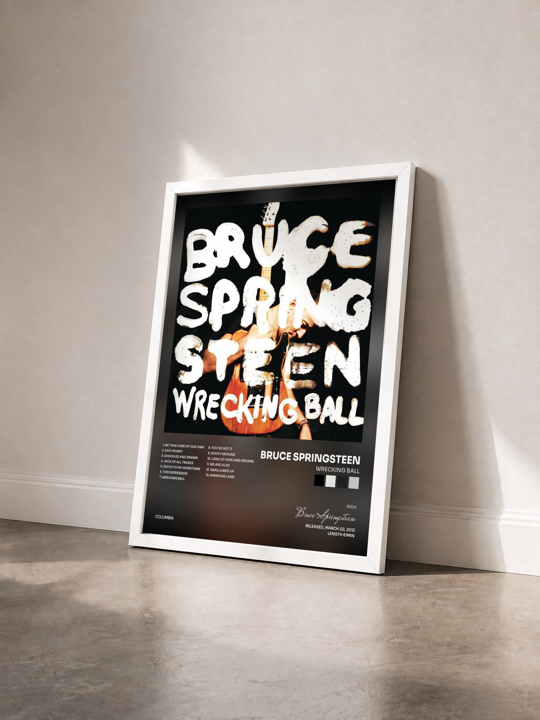#blanc Tableau de l'album Wrecking Ball de Bruce Springsteen vu de trois quarts, cadre blanc
