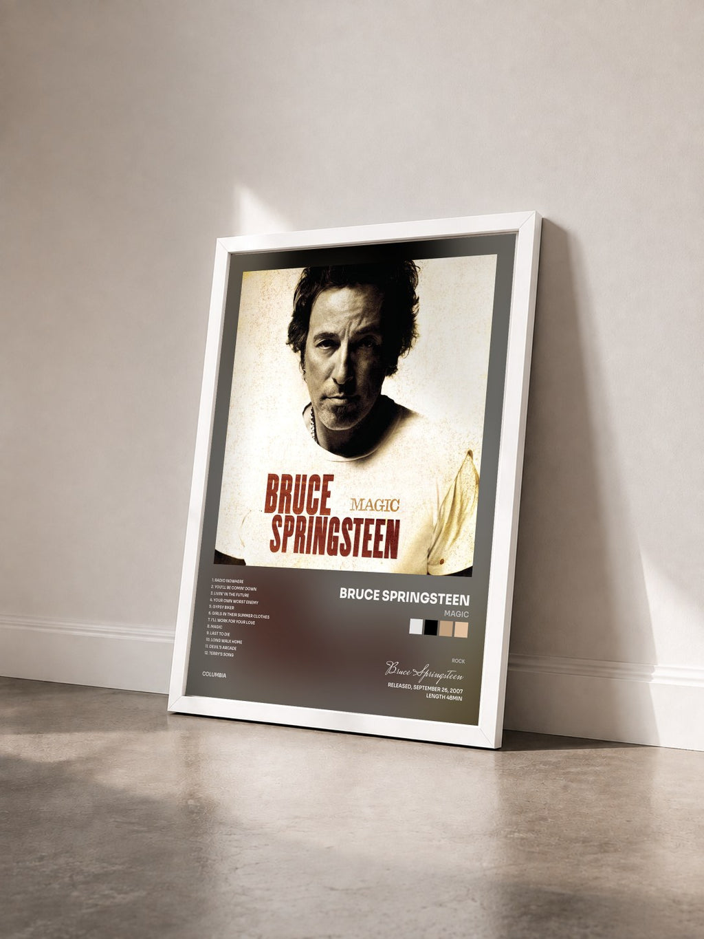 #blanc Tableau de l'album Magic de Bruce Springsteen vu de trois quarts, cadre blanc