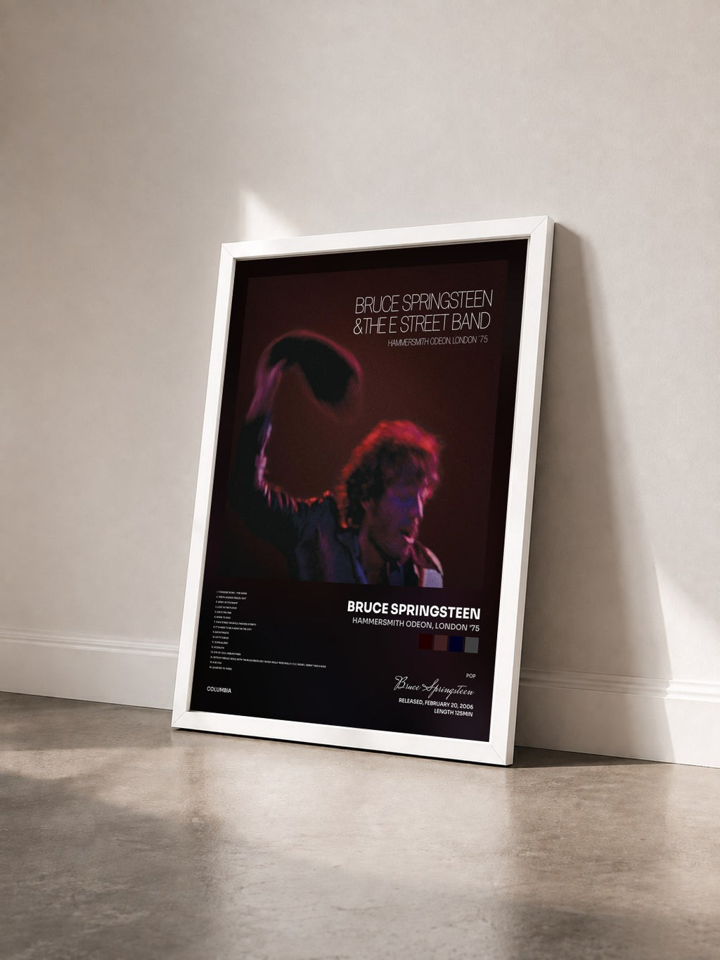 #blanc Tableau de l'album Hammersmith Odeon, London '75 de Bruce Springsteen vu de trois quarts, cadre blanc