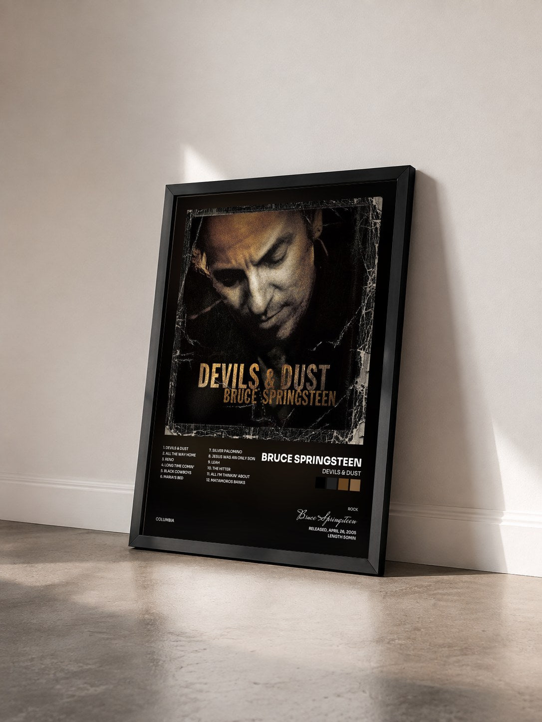 #noir Tableau de l'album Devils & Dust de Bruce Springsteen vu de trois quarts, cadre noir