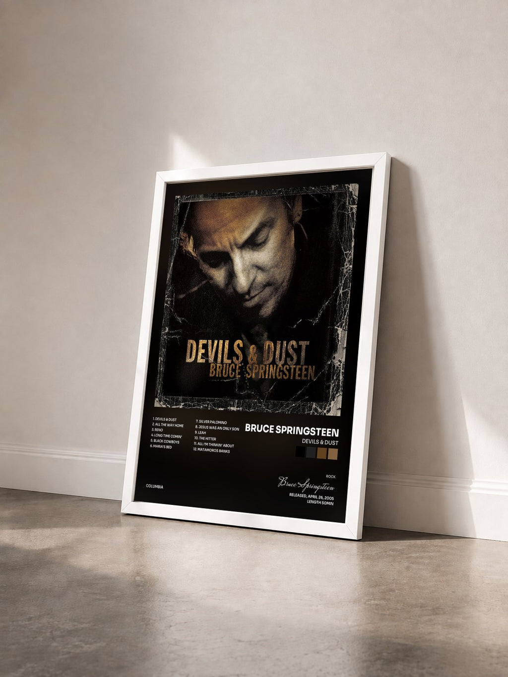 #blanc Tableau de l'album Devils & Dust de Bruce Springsteen vu de trois quarts, cadre blanc