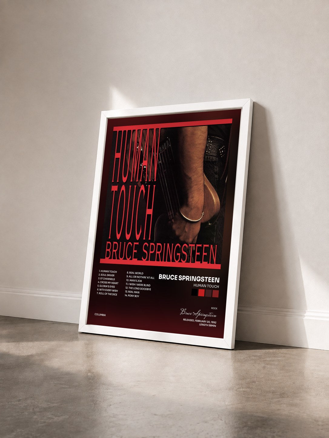 #blanc Human Touch von Bruce Springsteen als gerahmter Kunstdruck von schräg gesehen, weißer Rahmen