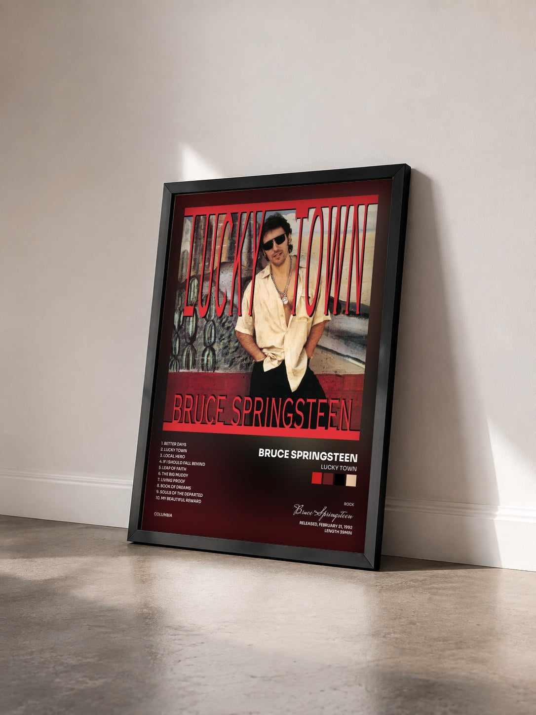 #noir Tableau de l'album Lucky Town de Bruce Springsteen vu de trois quarts, cadre noir