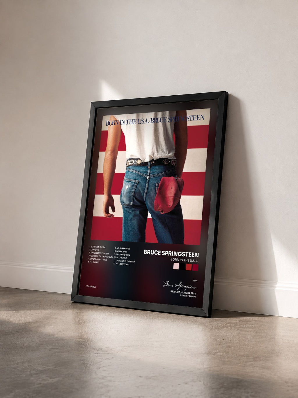 #noir Tableau de l'album Born In The U.S.A. de Bruce Springsteen vu de trois quarts, cadre noir