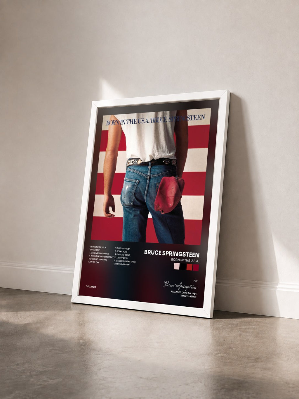 #blanc Tableau de l'album Born In The U.S.A. de Bruce Springsteen vu de trois quarts, cadre blanc