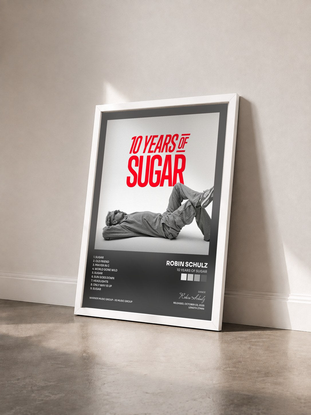 #blanc Tableau de l'album 10 Years of Sugar de Robin Schulz vu de trois quarts, cadre blanc