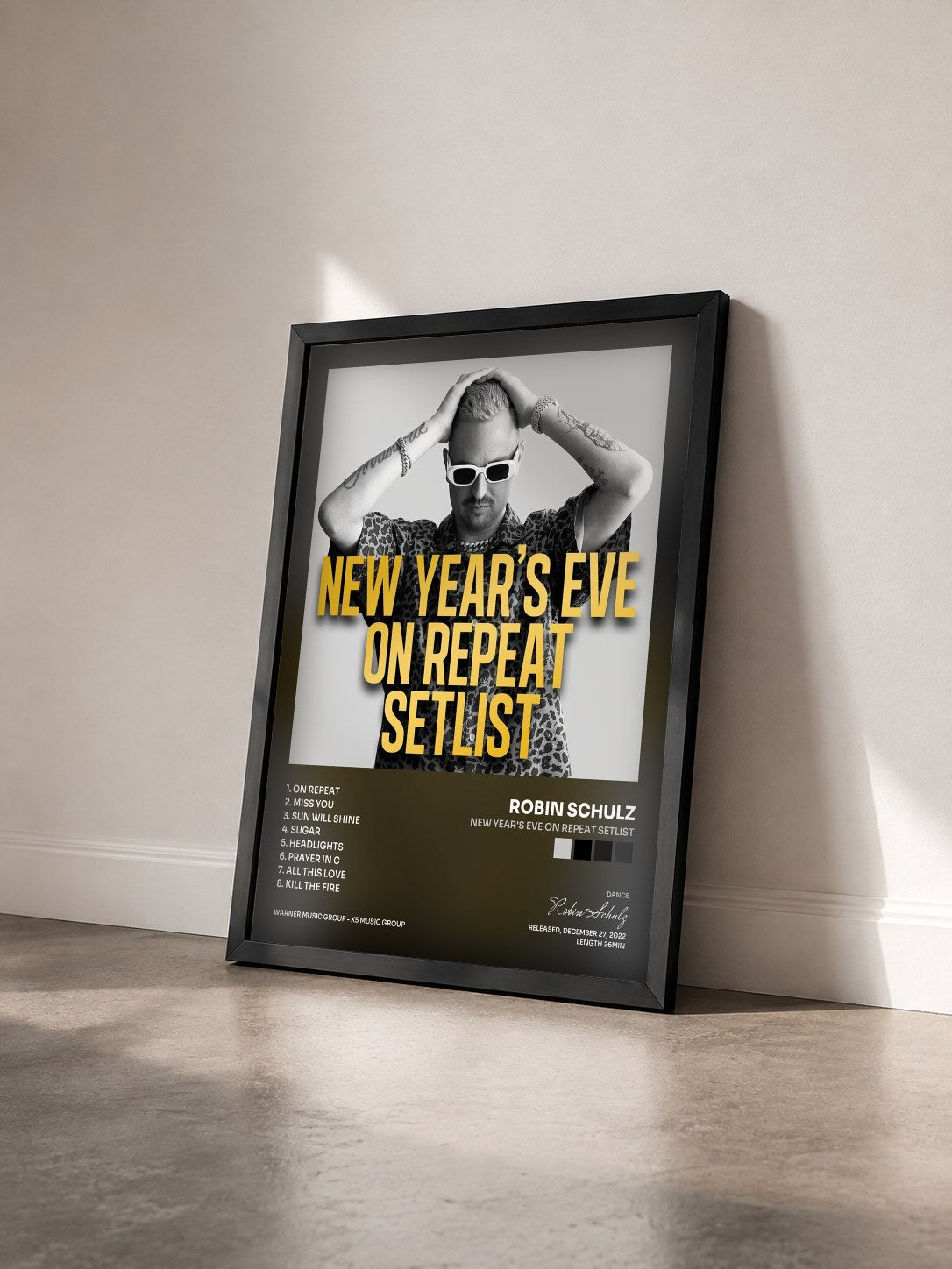 #noir Tableau de l'album New Year's Eve on Repeat Setlist de Robin Schulz vu de trois quarts, cadre noir