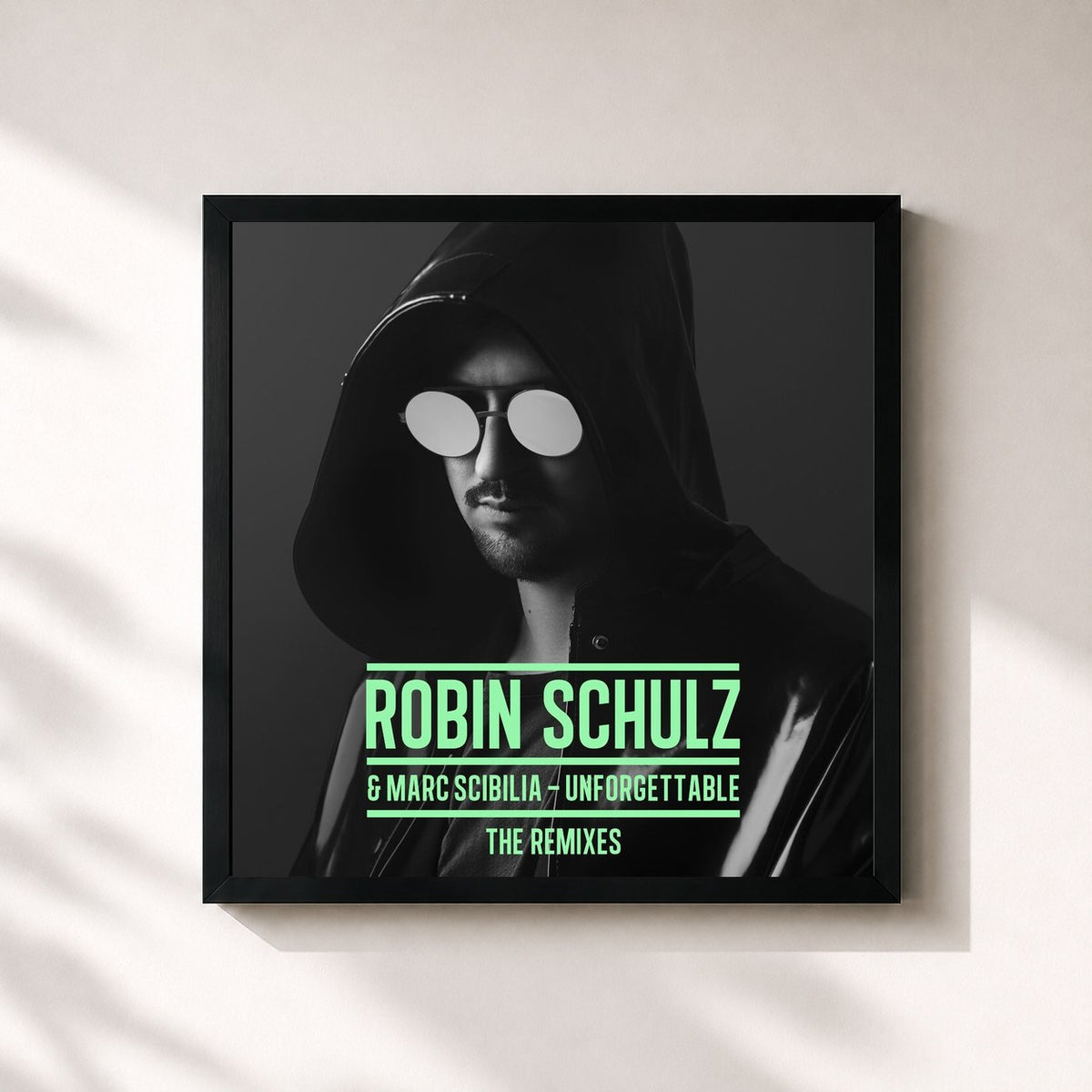 #noir Tableau carré de l'album Unforgettable (The Remixes) de Robin Schulz, cadre noir 32x32 cm