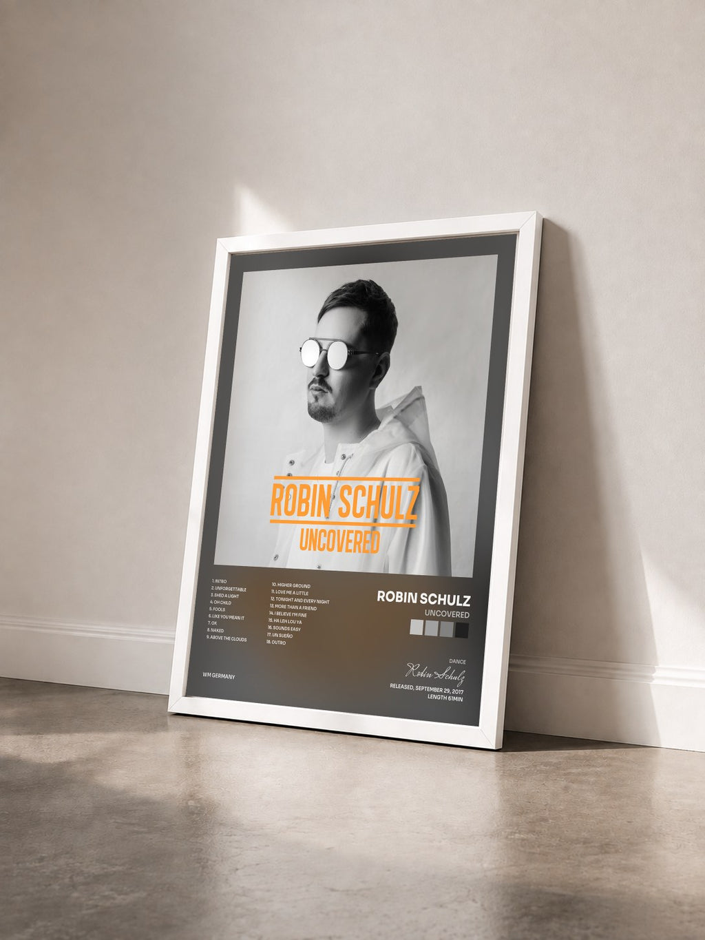 #blanc Tableau de l'album Uncovered de Robin Schulz vu de trois quarts, cadre blanc