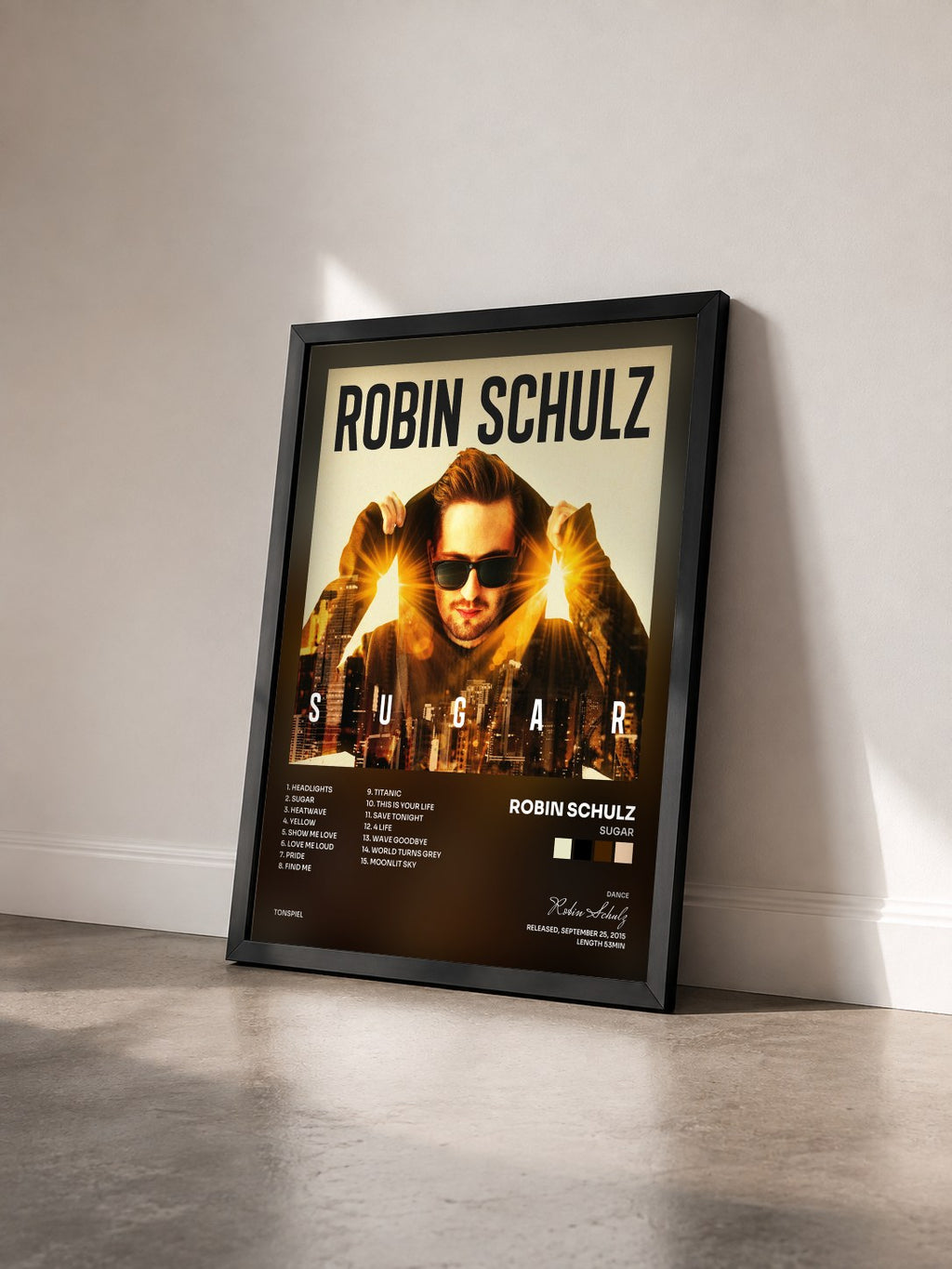 #noir Tableau de l'album Sugar de Robin Schulz vu de trois quarts, cadre noir