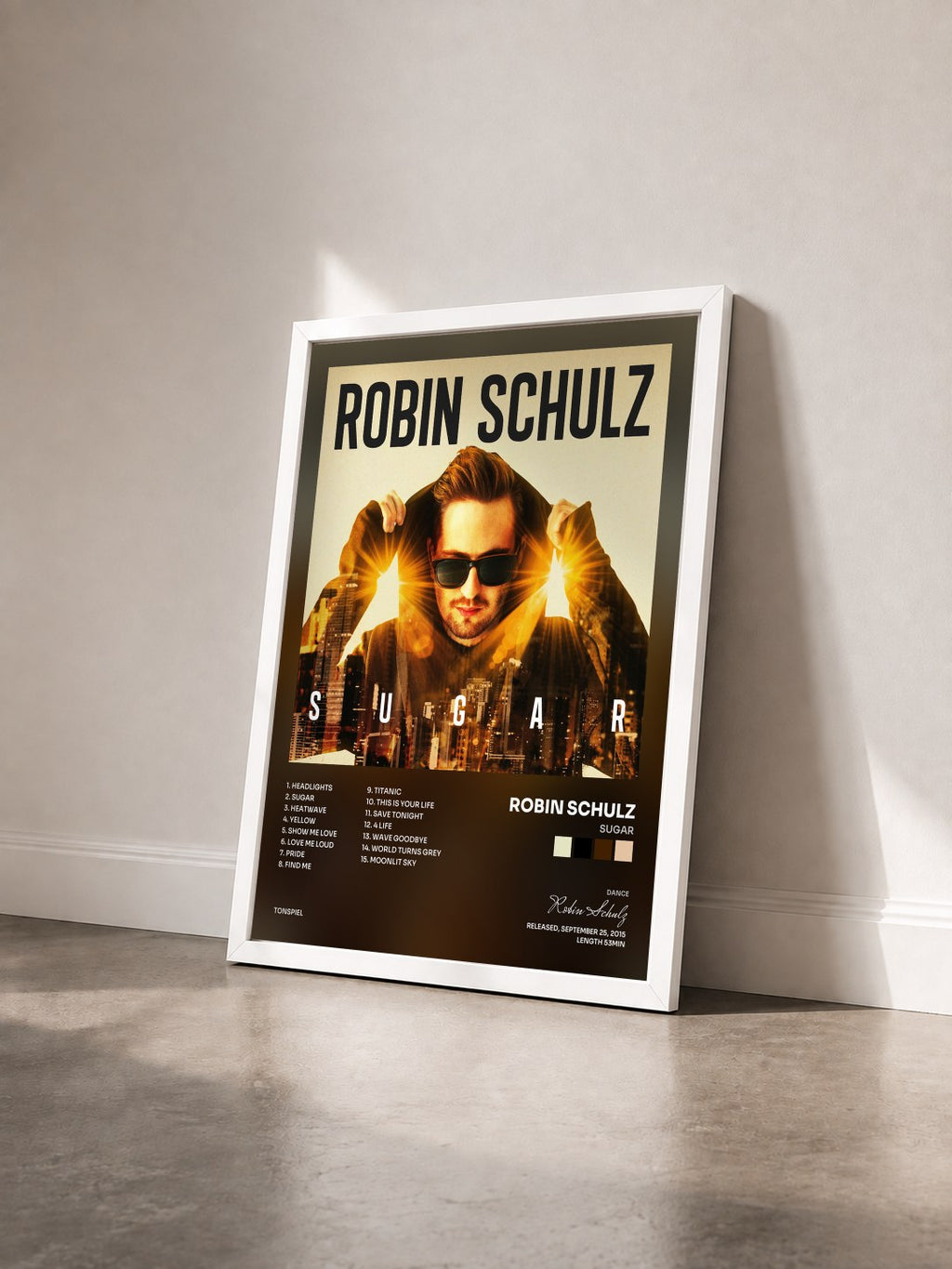 #blanc Tableau de l'album Sugar de Robin Schulz vu de trois quarts, cadre blanc