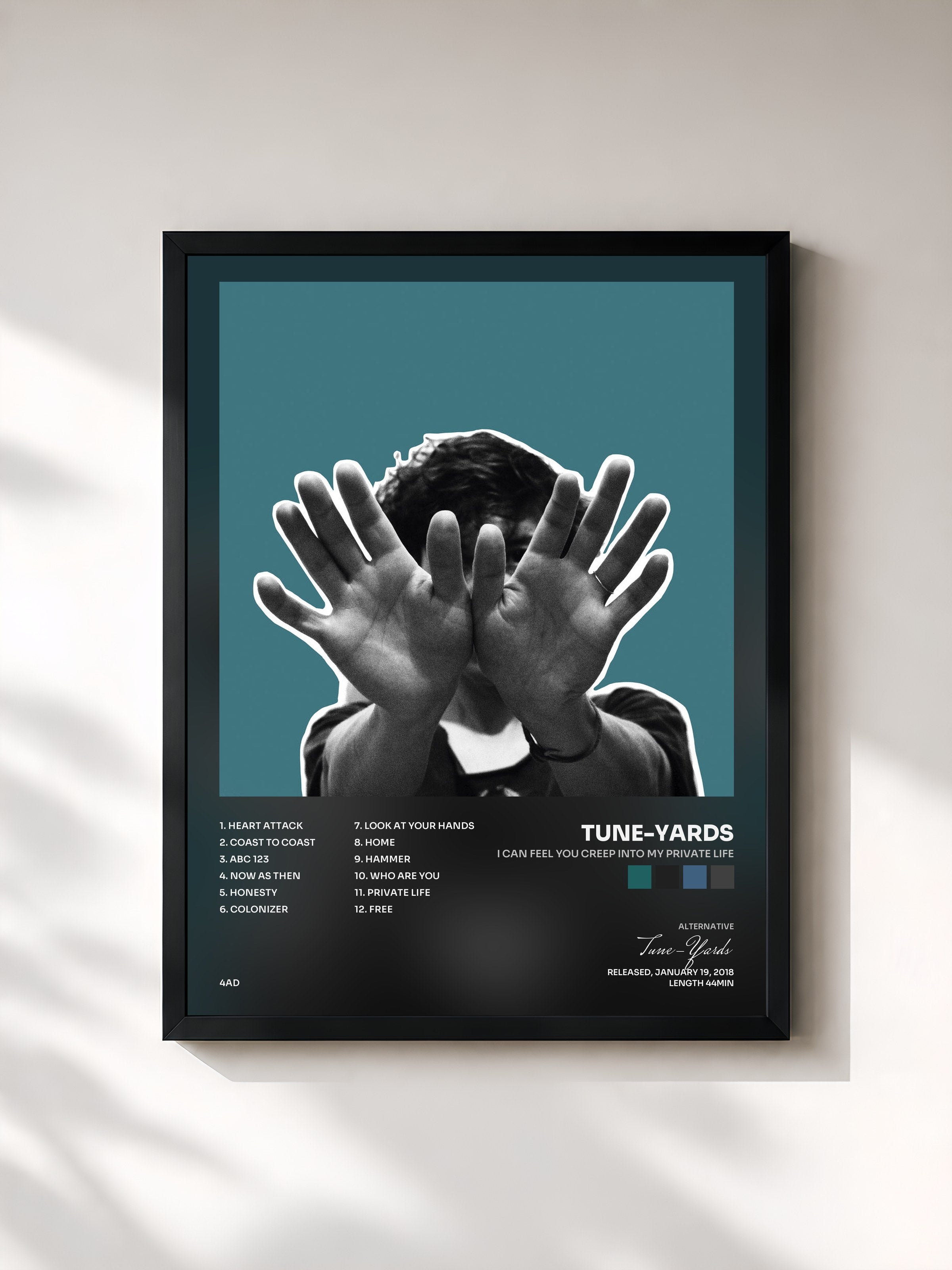 #noir Tableau de l'album I can feel you creep into my private life de Tune-Yards, cadre noir, imprimé et encadré en France