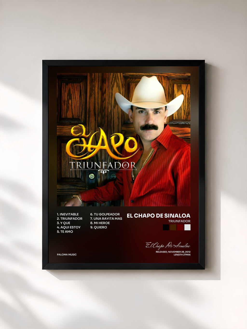 #noir Tableau de l'album Triunfador de El Chapo De Sinaloa, cadre noir, imprimé et encadré en France