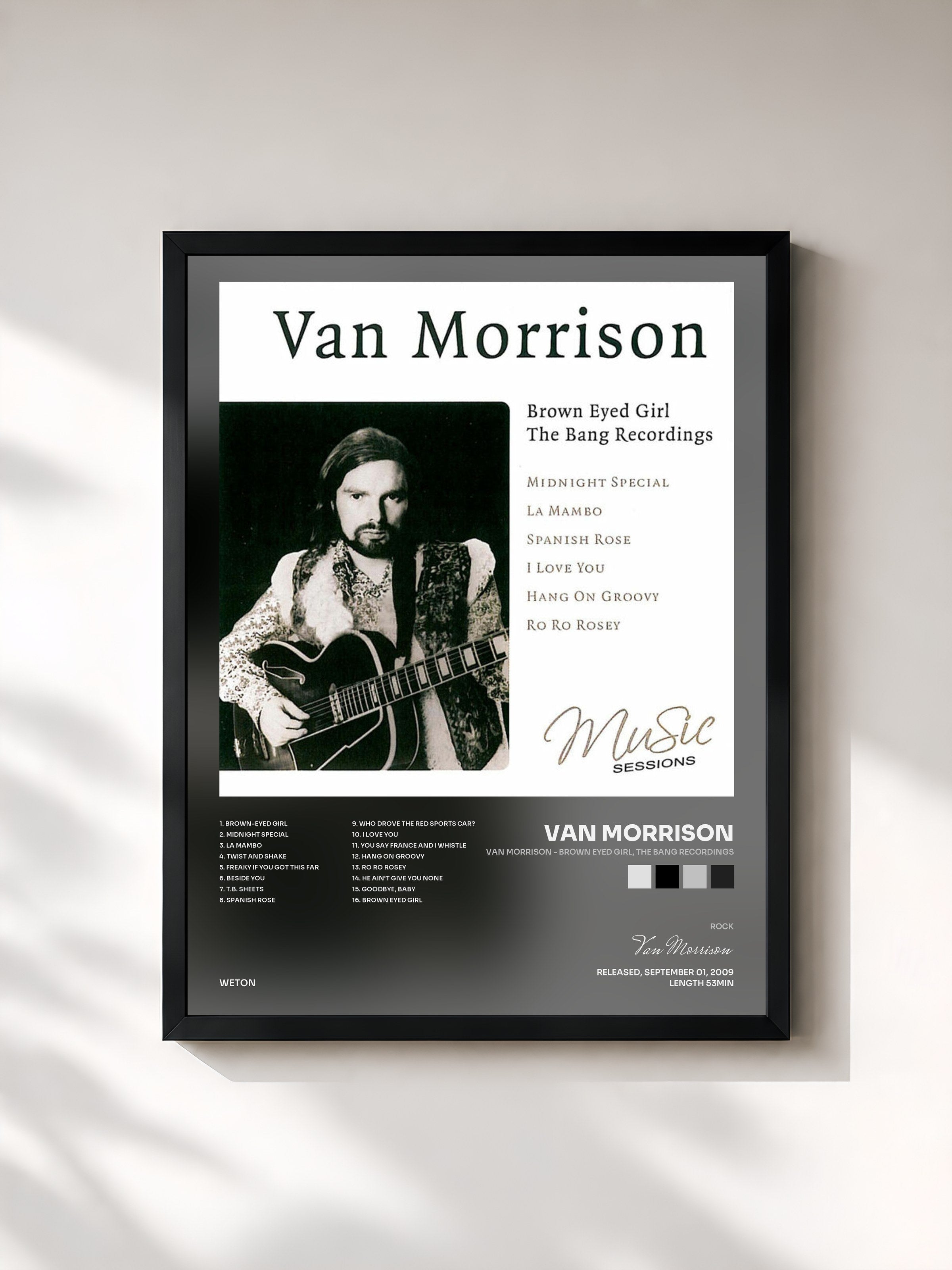 #noir Tableau de l'album Van Morrison - Brown Eyed Girl, The Bang Recordings de Van Morrison, cadre noir, imprimé et encadré en France