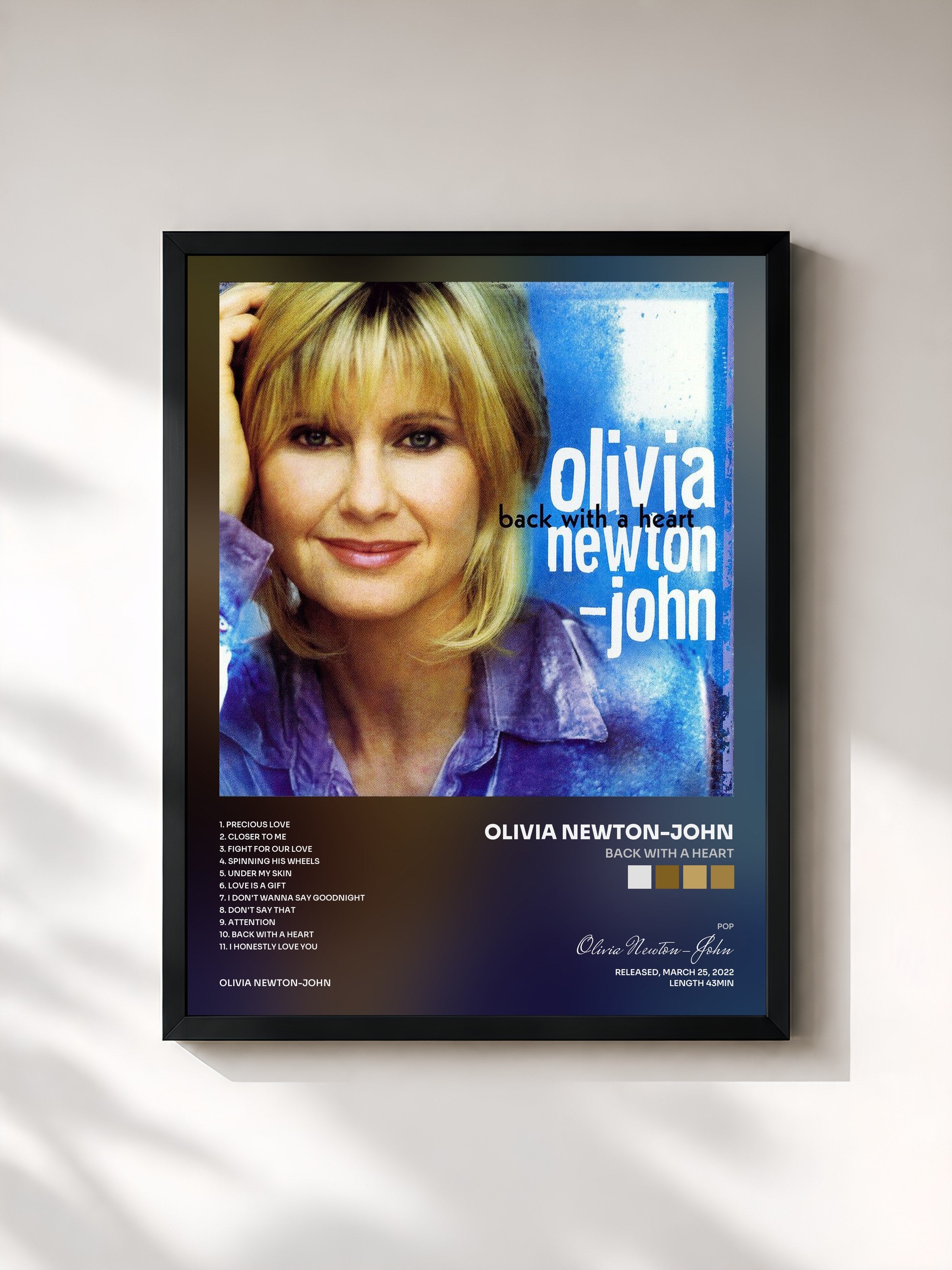 #noir Tableau de l'album Back With A Heart de Olivia Newton-John, cadre noir, imprimé et encadré en France