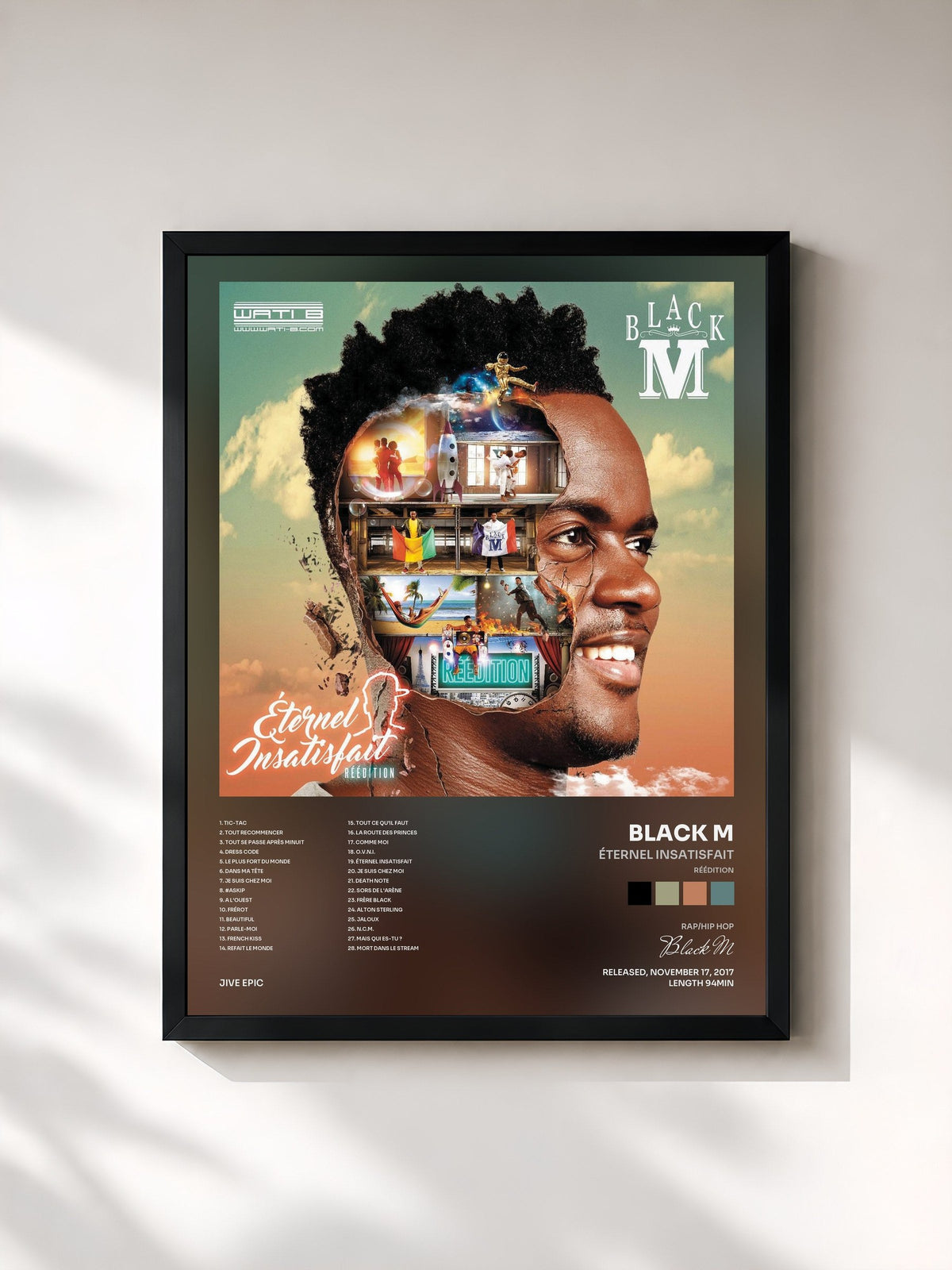 #noir Tableau de l'album Éternel insatisfait (Réédition) de Black M, cadre noir, imprimé et encadré en France