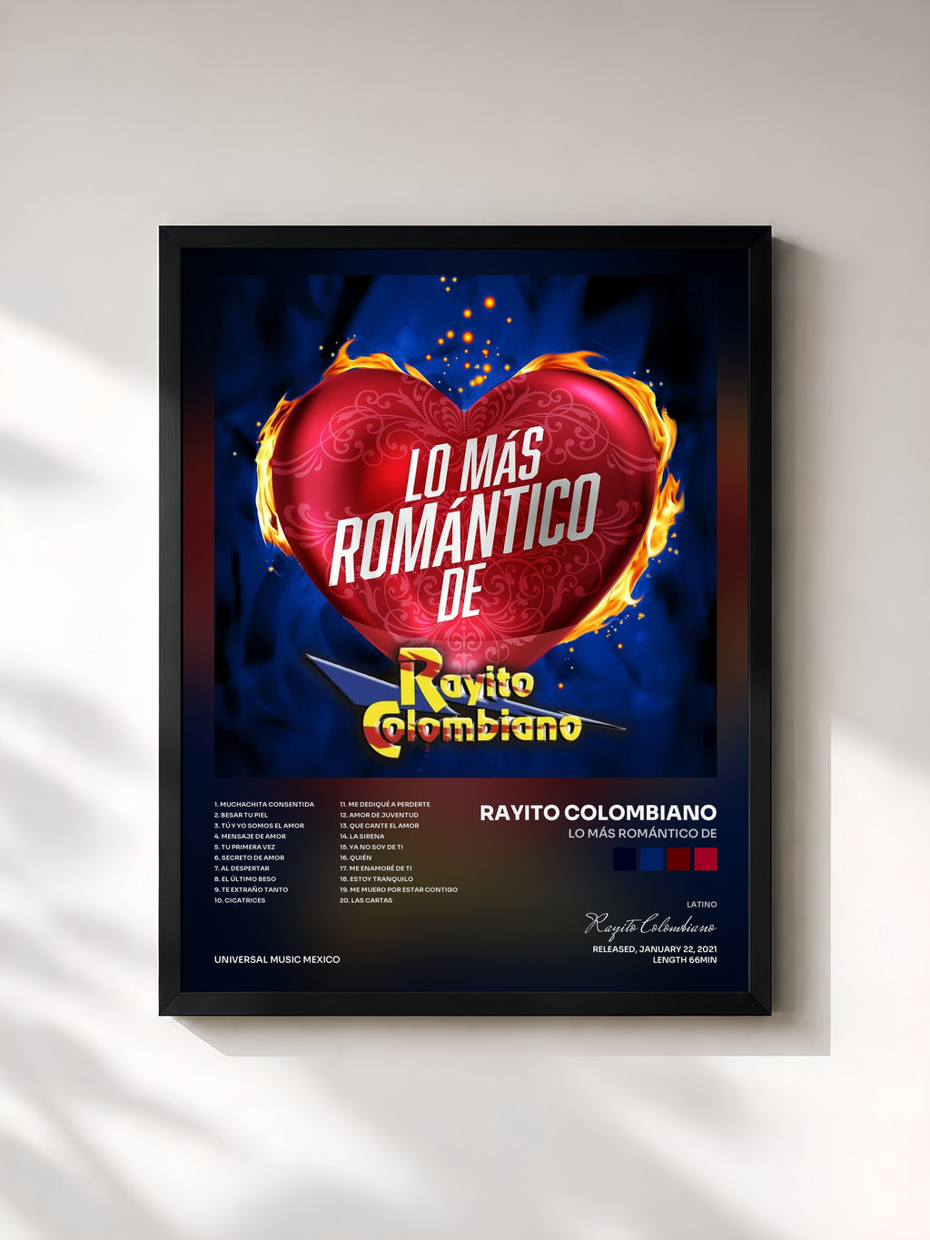#noir Tableau de l'album Lo Más Romántico De de Rayito Colombiano, cadre noir, imprimé et encadré en France