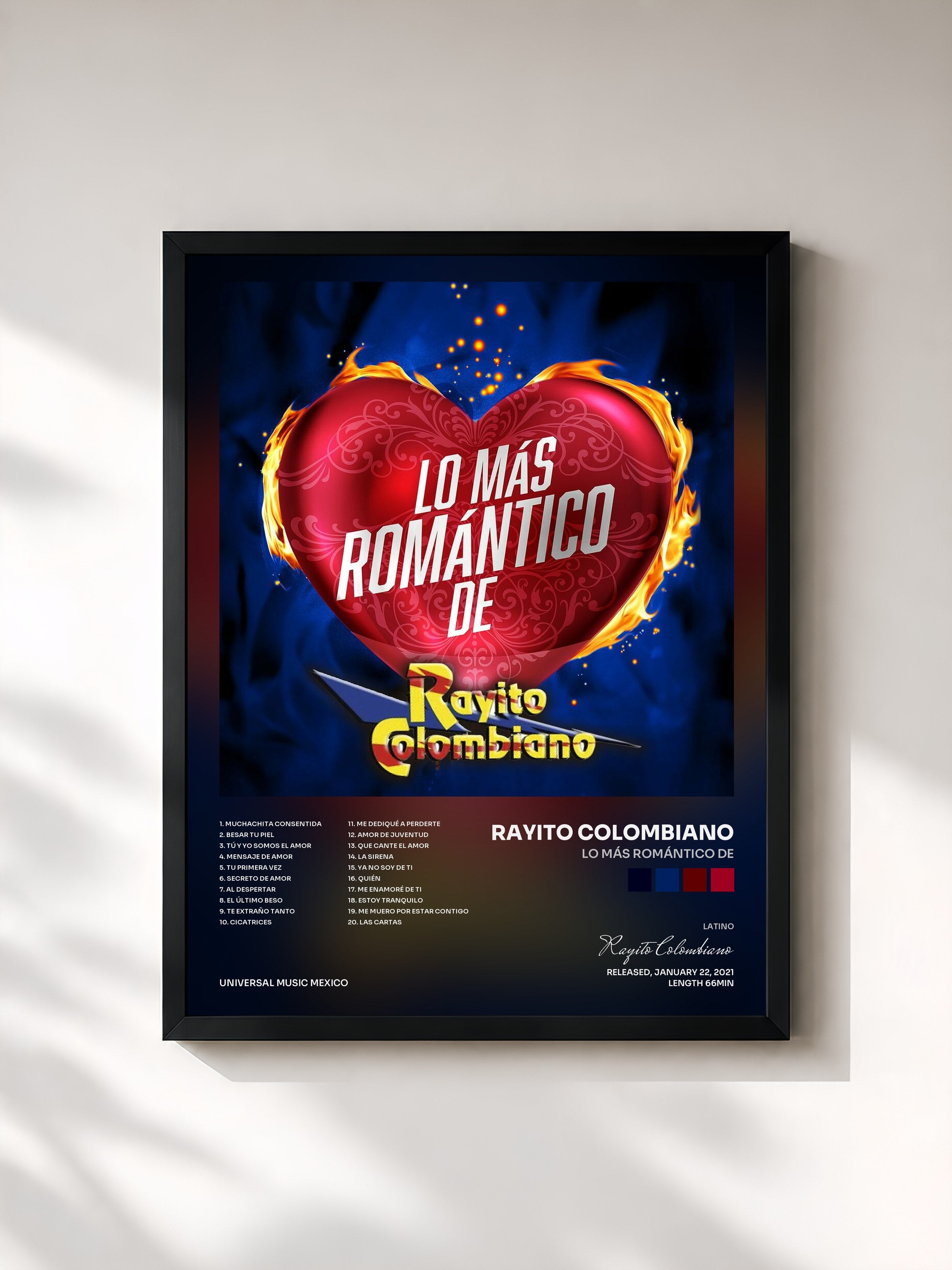 #noir Tableau de l'album Lo Más Romántico De de Rayito Colombiano, cadre noir, imprimé et encadré en France