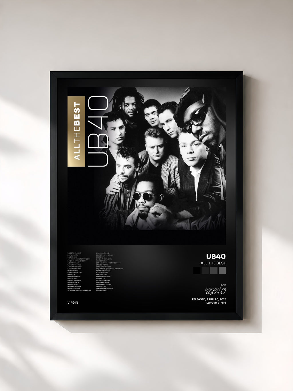 #noir Tableau de l'album All The Best de UB40, cadre noir, imprimé et encadré en France