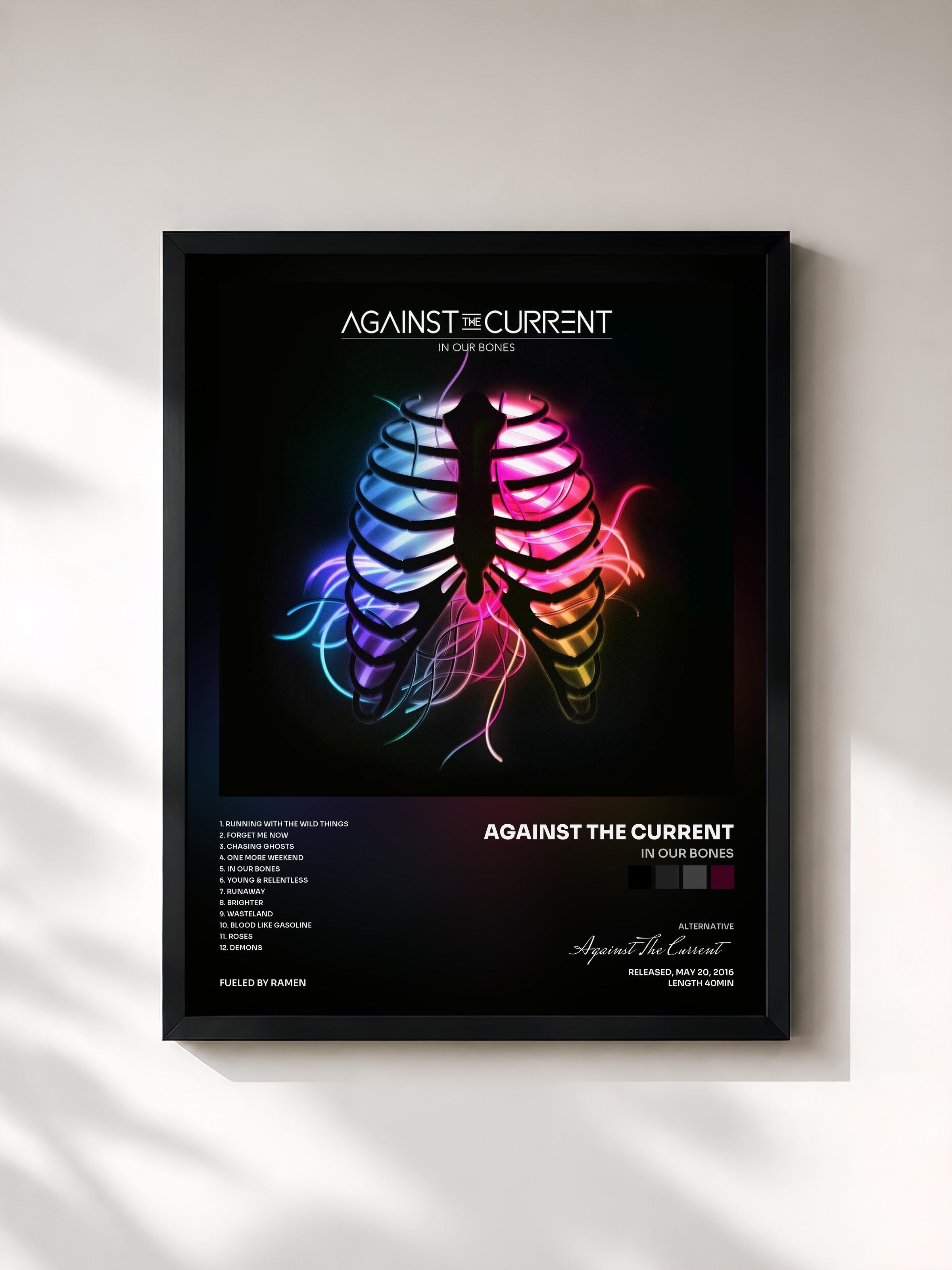 #noir Tableau de l'album In Our Bones de Against The Current, cadre noir, imprimé et encadré en France