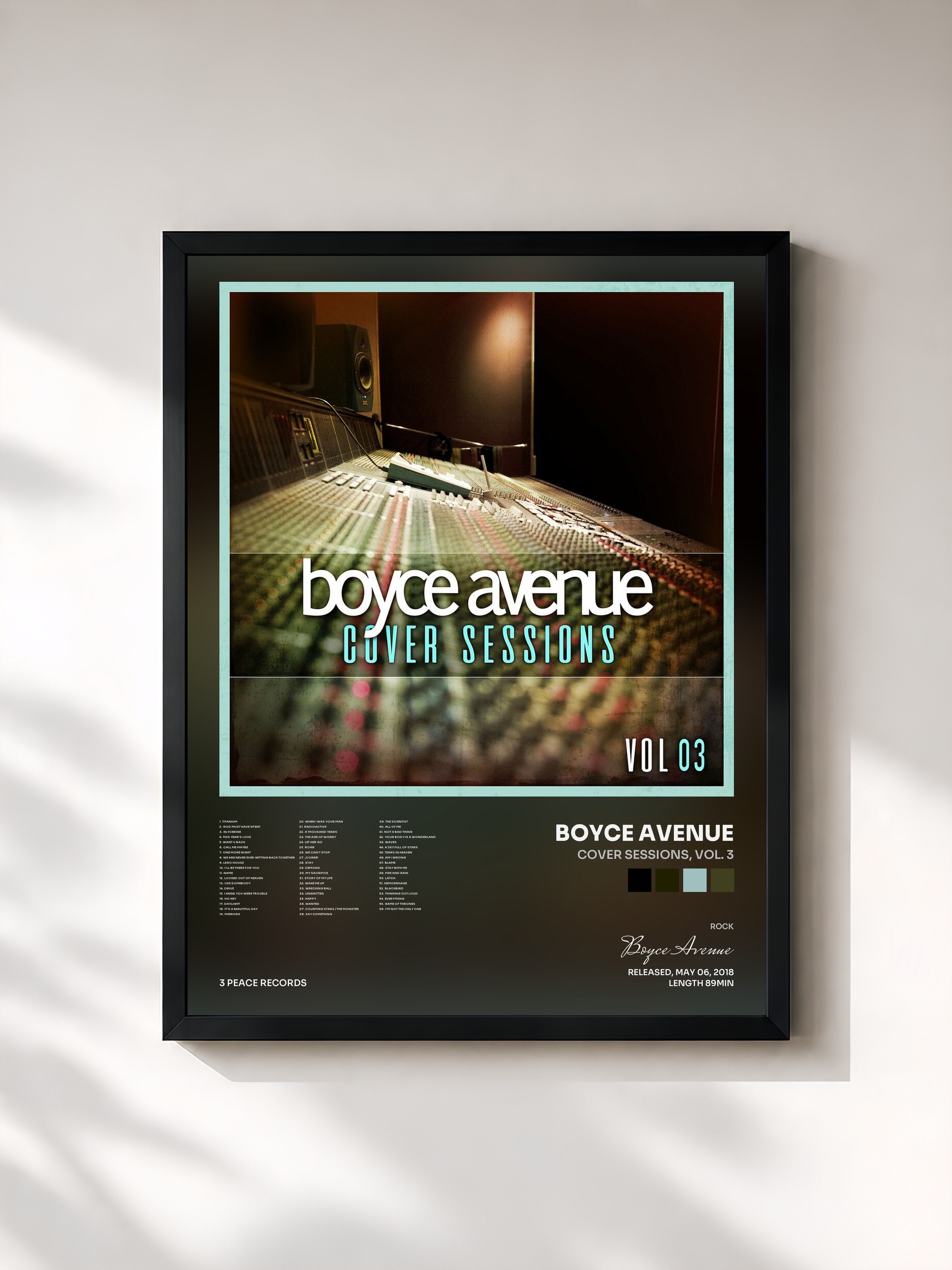 #noir Tableau de l'album Cover Sessions, Vol. 3 de Boyce Avenue, cadre noir, imprimé et encadré en France