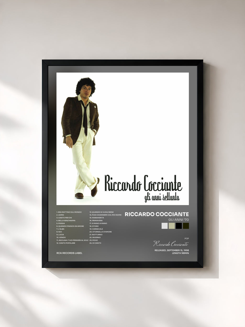 #noir Tableau de l'album Gli Anni '70 de Riccardo Cocciante, cadre noir, imprimé et encadré en France