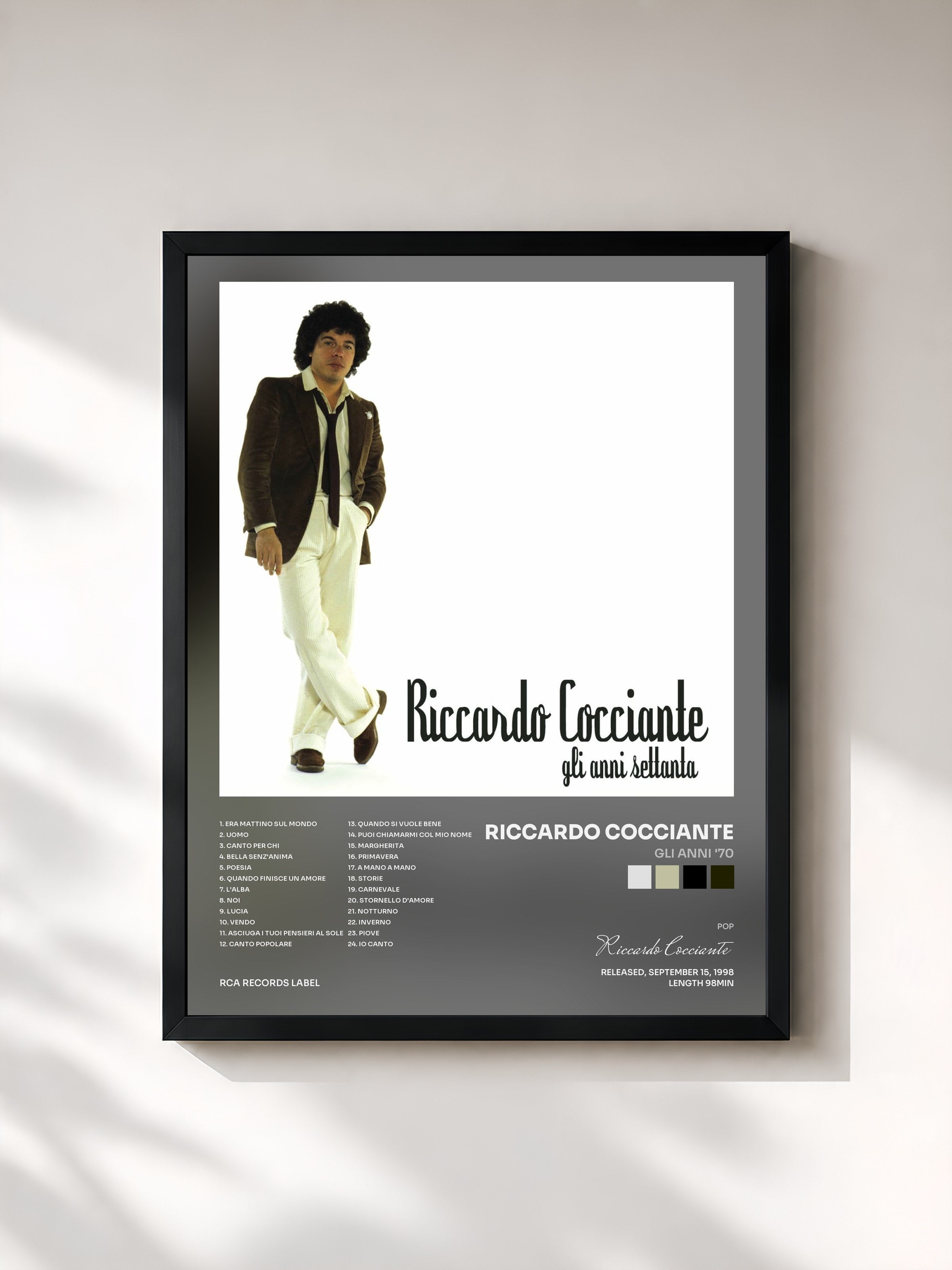#noir Tableau de l'album Gli Anni '70 de Riccardo Cocciante, cadre noir, imprimé et encadré en France
