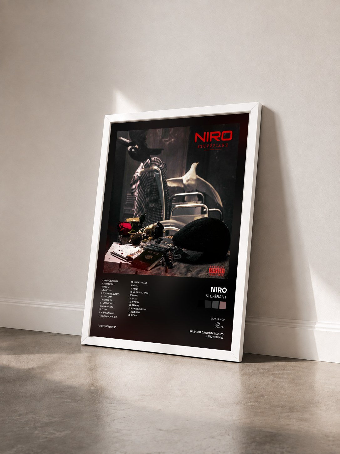 #blanc Tableau de l'album Stupéfiant de Niro vu de trois quarts, cadre blanc