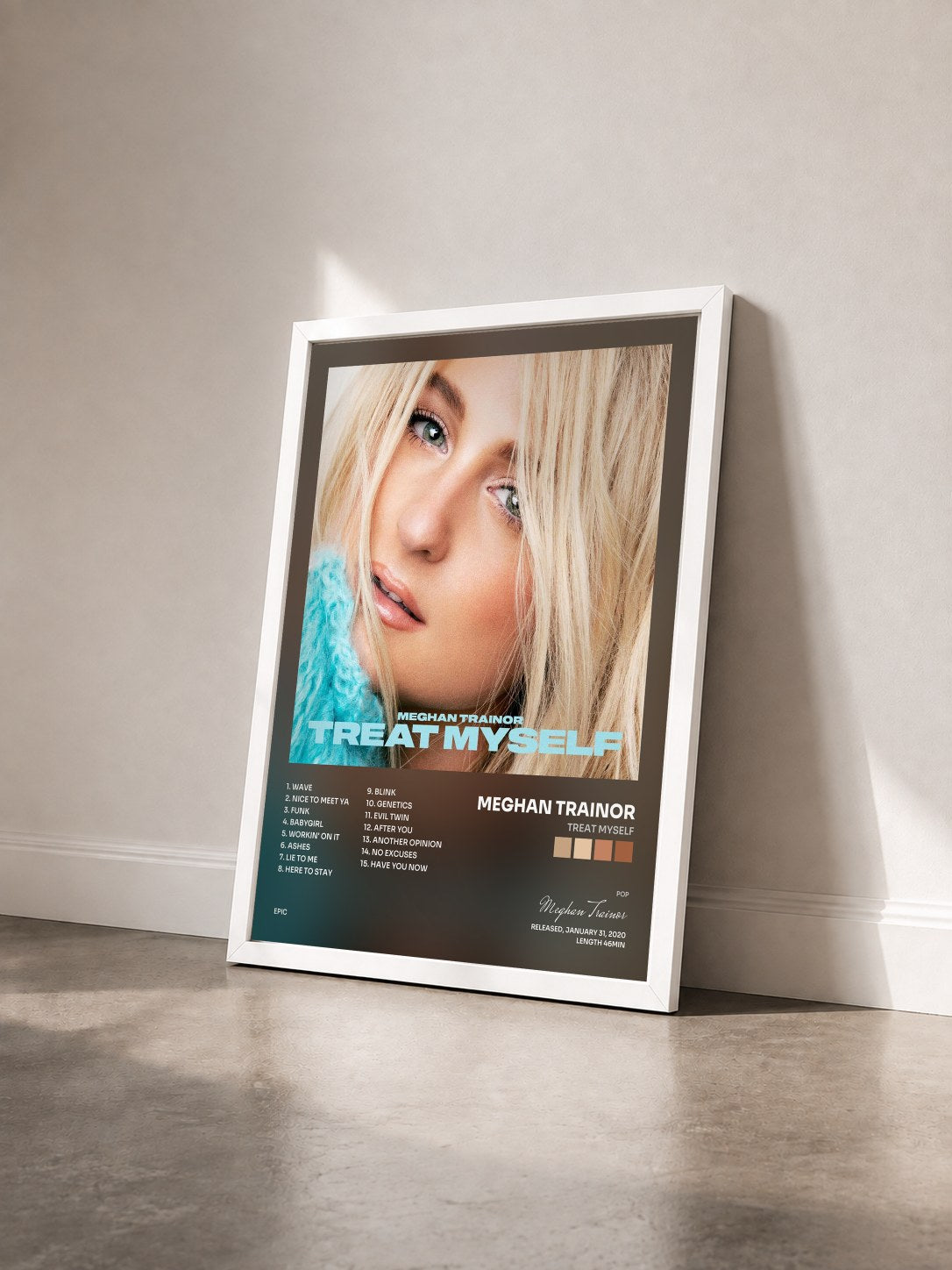 #blanc TREAT MYSELF de Meghan Trainor en lámina enmarcada vista de tres cuartos, marco blanco