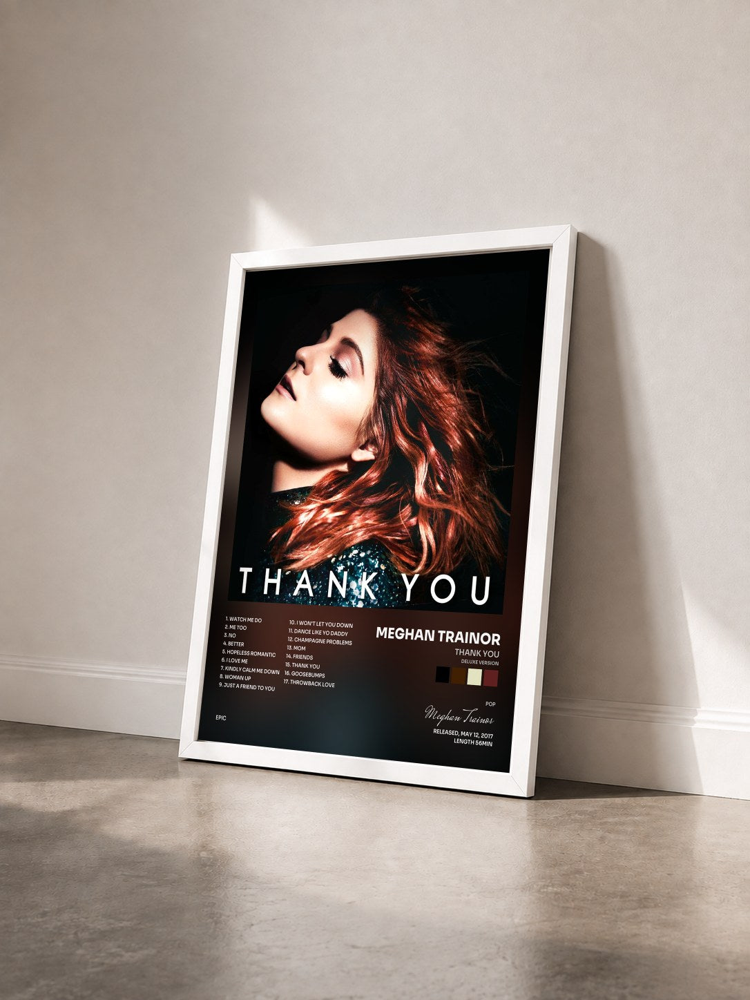 #blanc Thank You (Deluxe Version) de Meghan Trainor en lámina enmarcada vista de tres cuartos, marco blanco