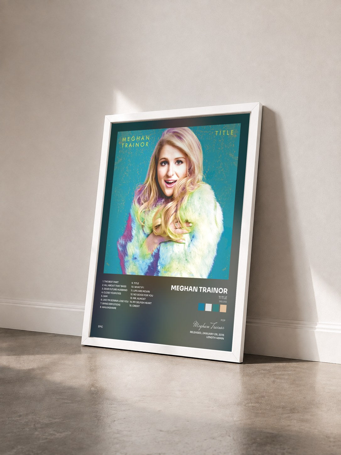 #blanc Tableau de l'album Title (Deluxe) de Meghan Trainor vu de trois quarts, cadre blanc