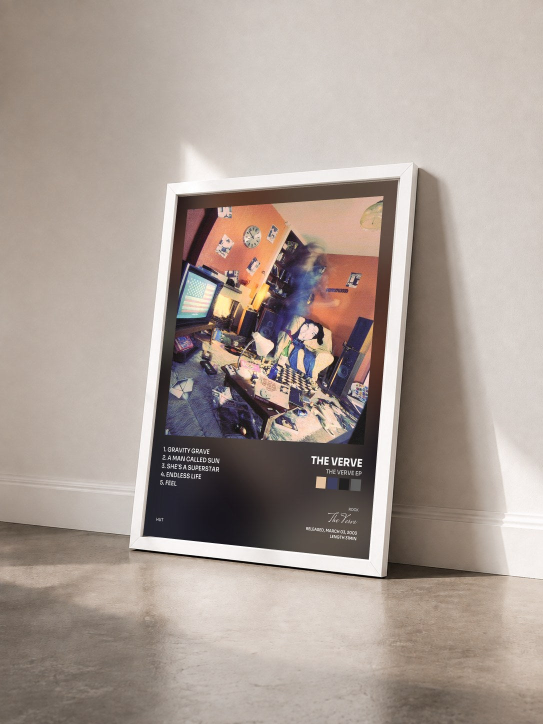 #blanc The Verve EP di The Verve in stampa incorniciata vista di tre quarti, cornice bianca