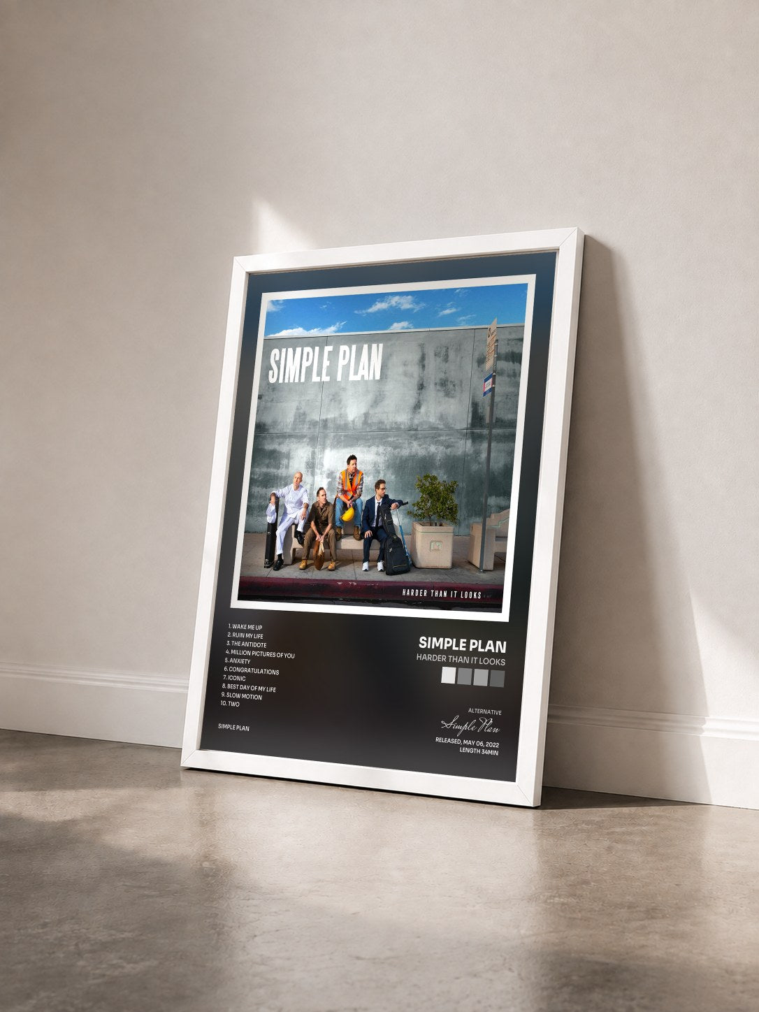 #blanc Tableau de l'album Harder Than It Looks de Simple Plan vu de trois quarts, cadre blanc