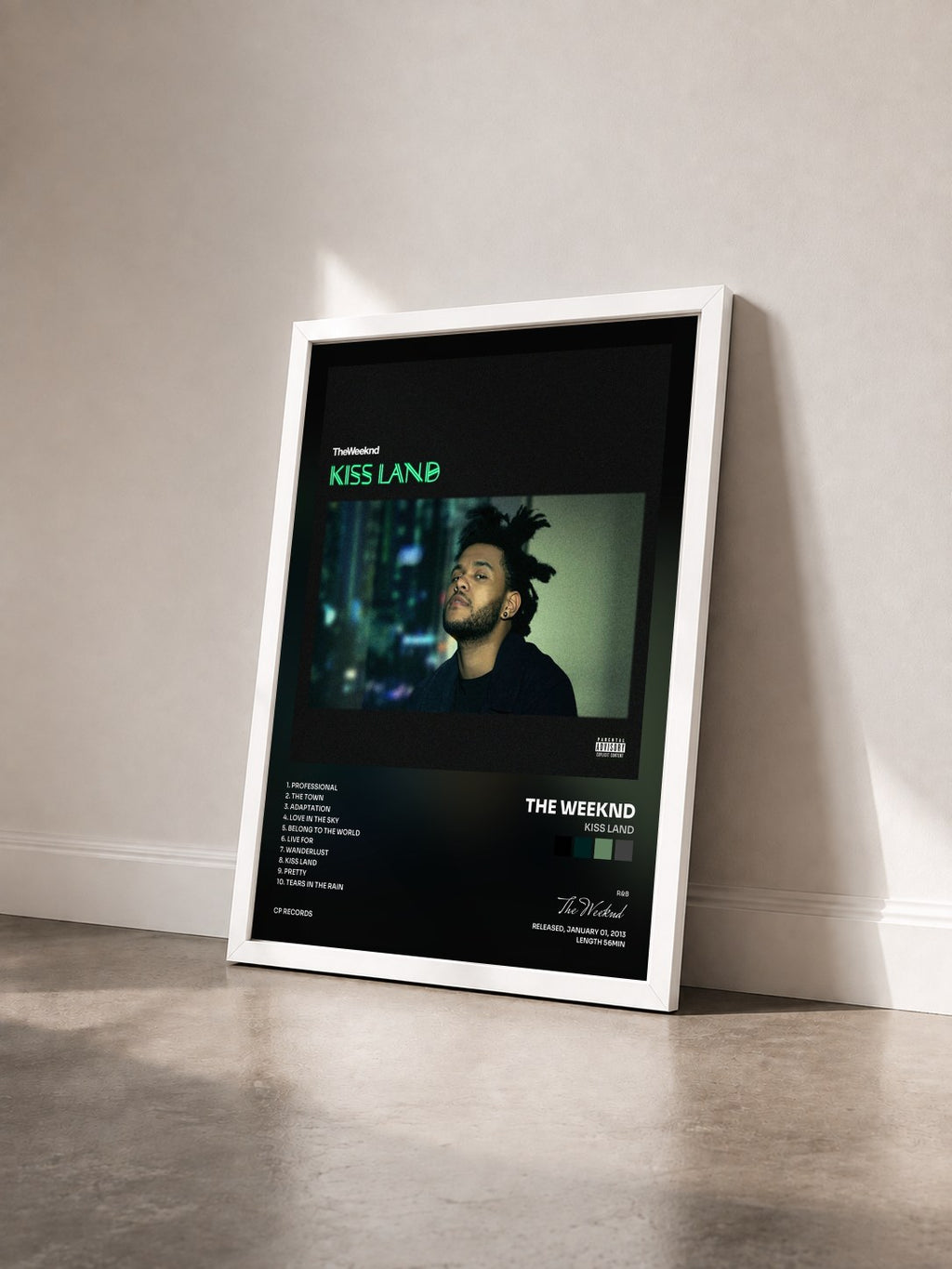 #blanc Tableau de l'album Kiss Land de The Weeknd vu de trois quarts, cadre blanc