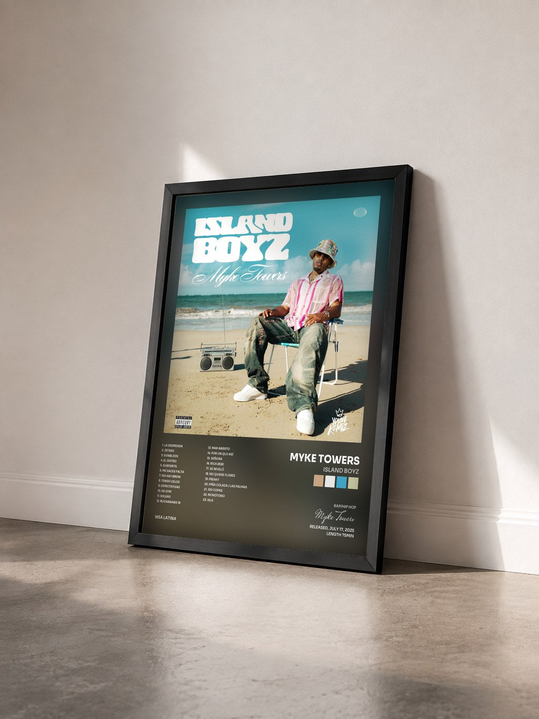#noir ISLAND BOYZ by Myke Towers as a framed art print seen at an angle, black frame