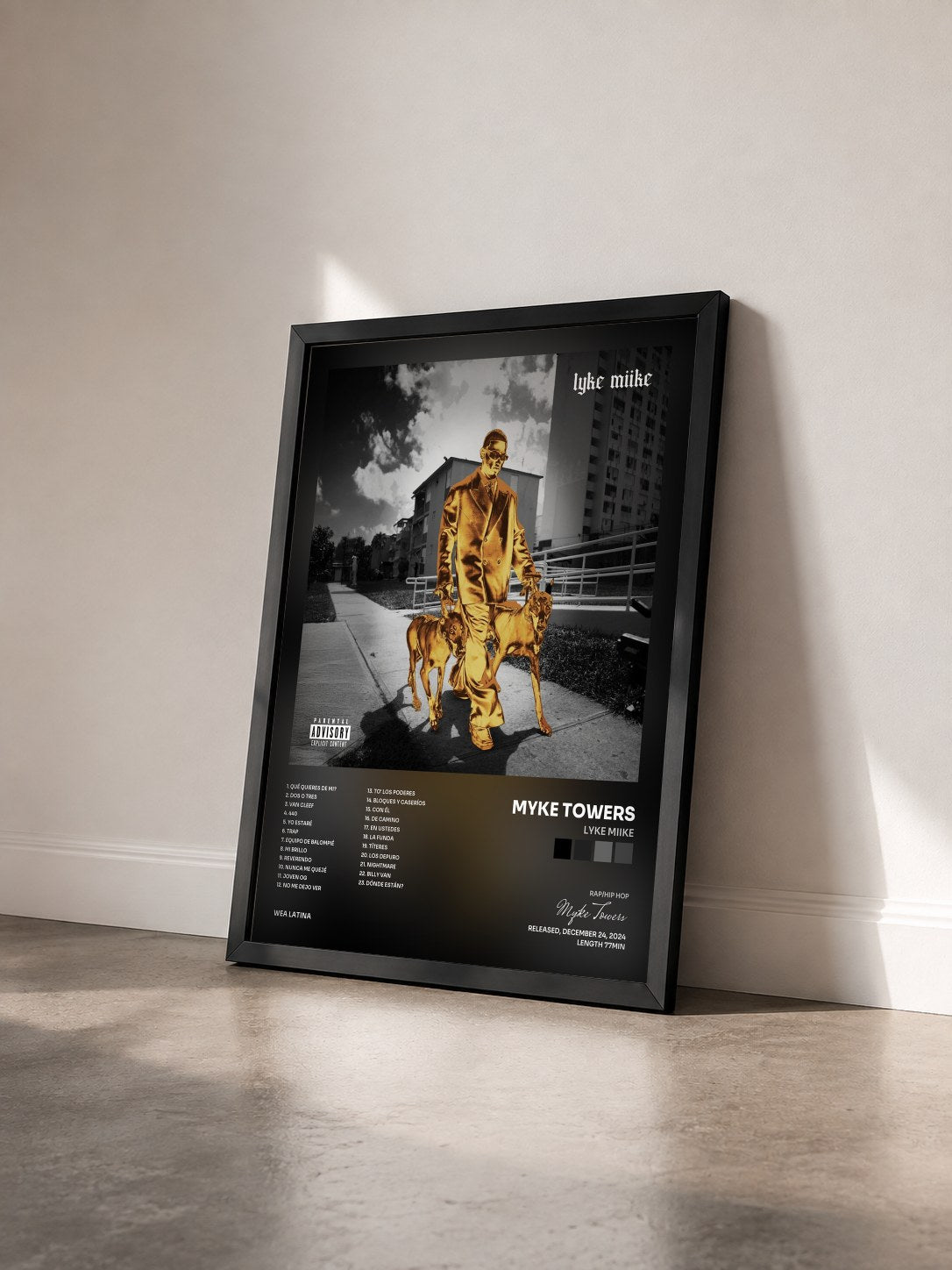 #noir LYKE MIIKE by Myke Towers as a framed art print seen at an angle, black frame
