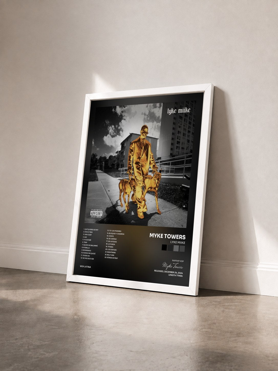 #blanc LYKE MIIKE by Myke Towers as a framed art print seen at an angle, white frame