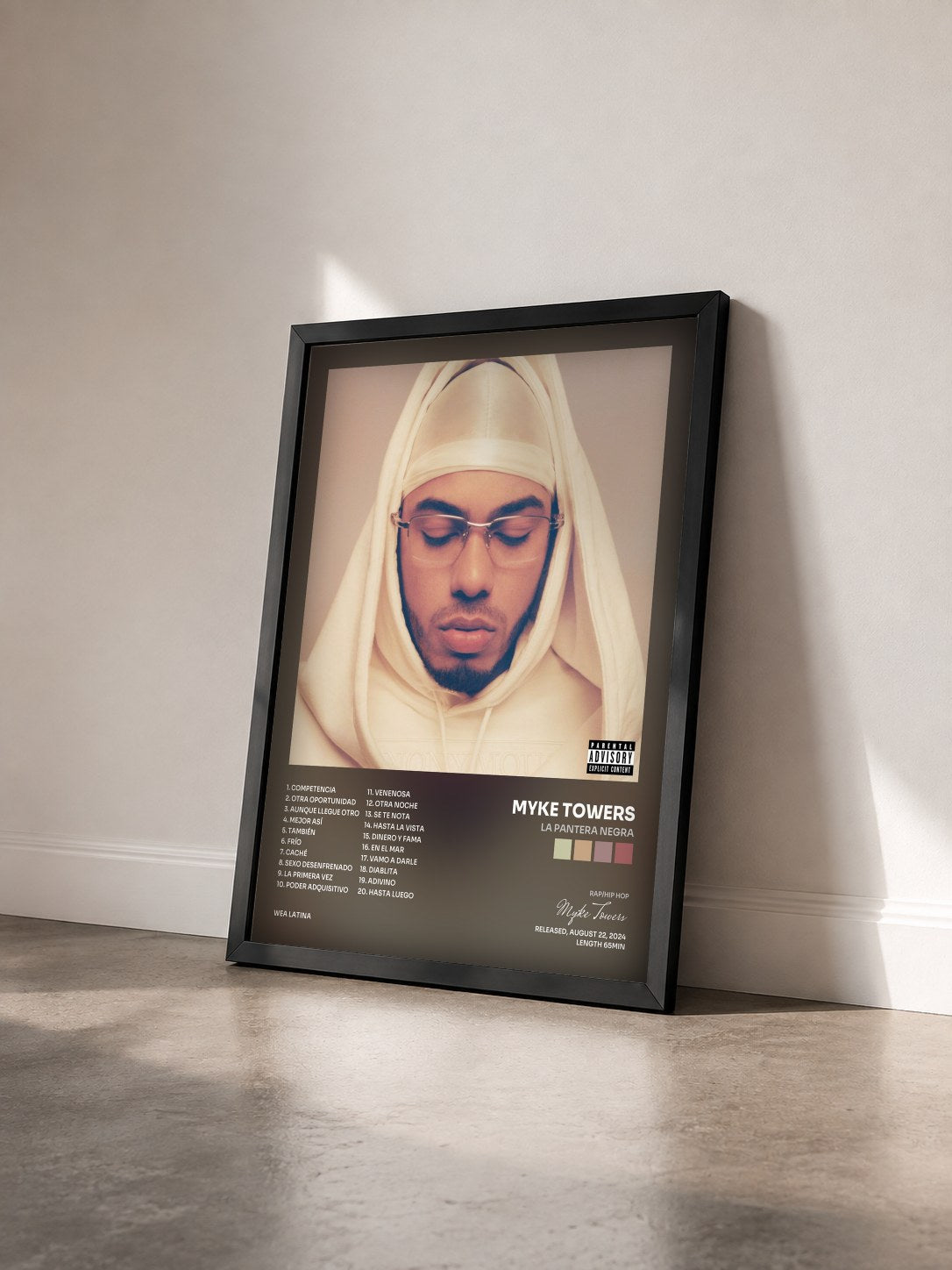 #noir LA PANTERA NEGRA by Myke Towers as a framed art print seen at an angle, black frame