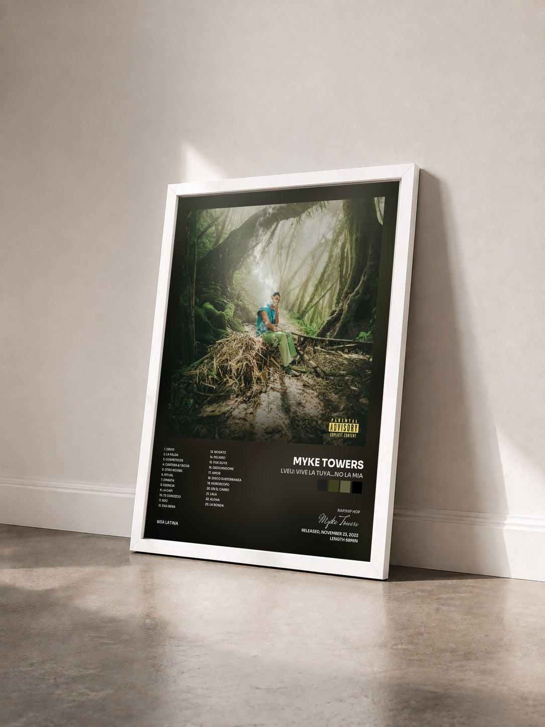 #blanc LVEU: VIVE LA TUYA...NO LA MIA by Myke Towers as a framed art print seen at an angle, white frame